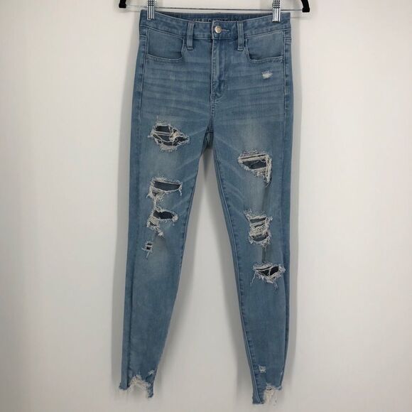 AMERICAN EAGLE Super Hi-Rise Jegging Light‎ Wash Destroyed - Picture 1 of 10